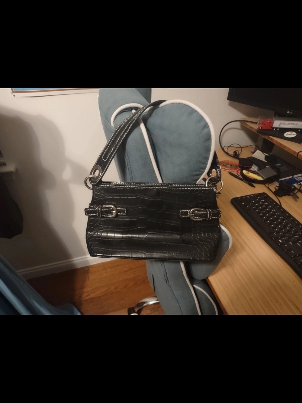 Tommy Hilfiger Black Croc-Embossed Mini Shoulder Bag